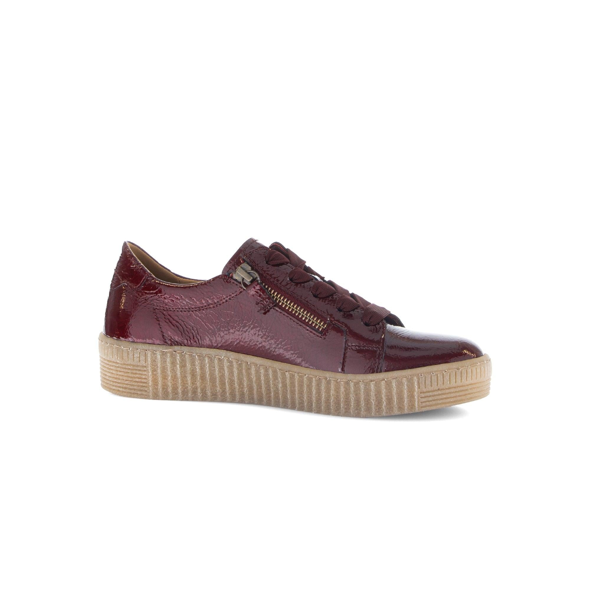 Gabor Ladies Bordo Red Leather Trainers with Zip, Lace-Up, and Thick Rubber Sole.