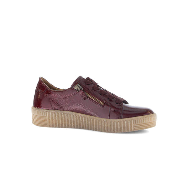 Gabor Ladies Bordo Red Leather Trainers with Zip, Lace-Up, and Thick Rubber Sole.