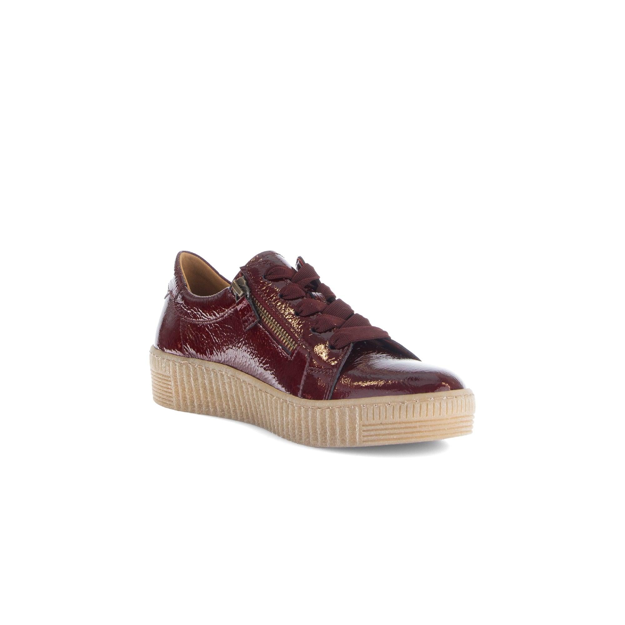 Gabor Ladies Bordo Red Patent Leather Trainers with Zip, Lace-Up, and Thick Beige Sole
