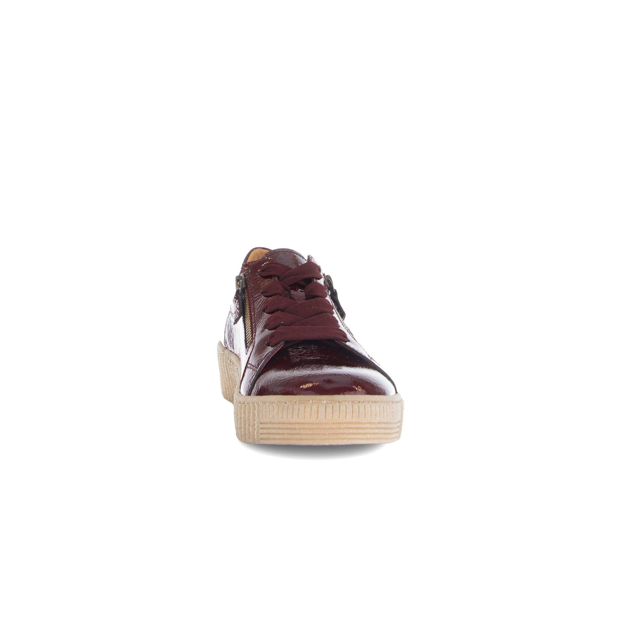 Gabor Ladies Bordo Red Leather Trainers with Zip and Lace Detailing, Platform Sole, Front View.