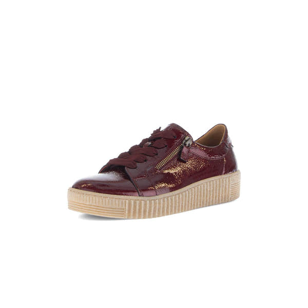 Gabor Ladies Bordo Red Leather Trainers with Zip and Lace, Platform Sole, Stylish and Comfortable Footwear.