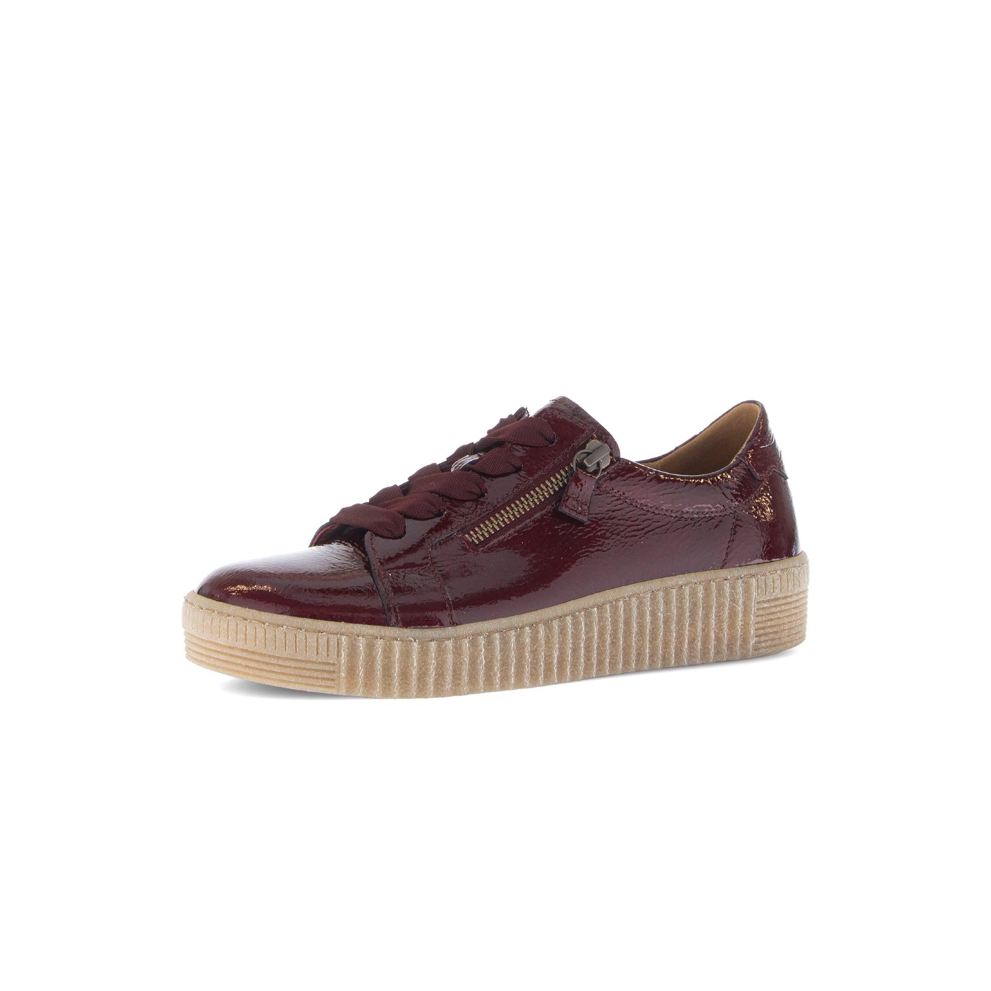Gabor Ladies Bordo Red Leather Trainers with Lace-up, Zip Detail, and Chunky Beige Sole.