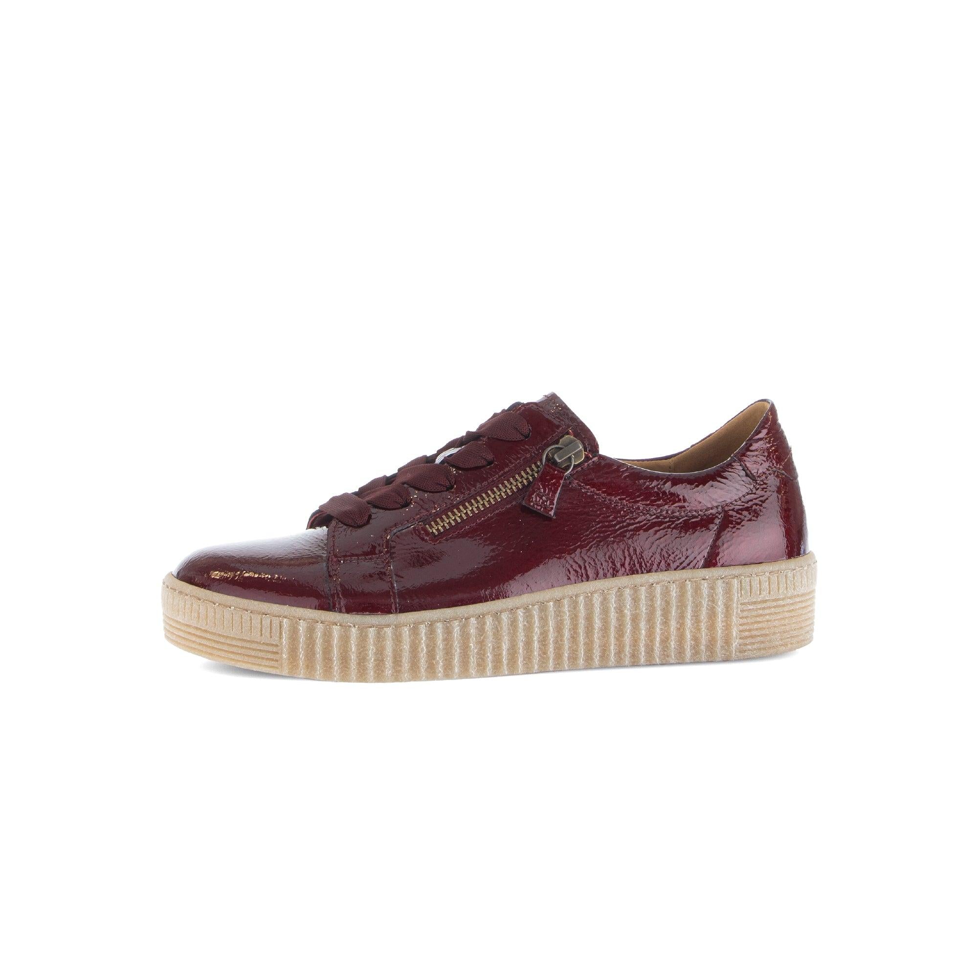 Gabor Ladies Burgundy Leather Trainers with Zip and Lace Closure, Thick Ribbed Sole.