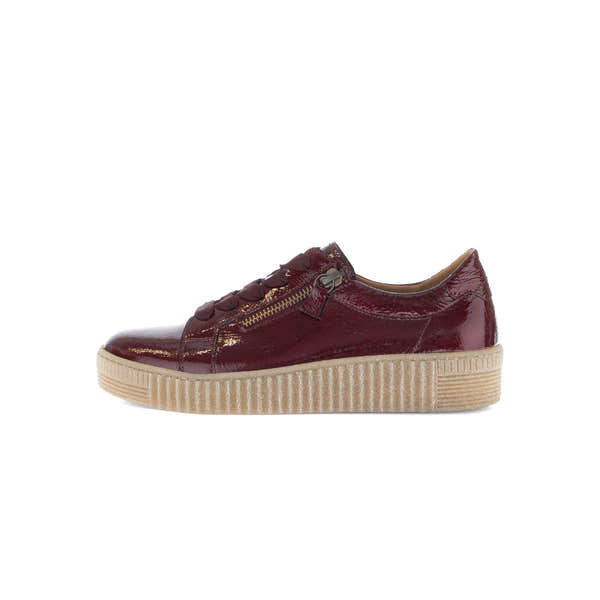 Gabor Ladies Bordo Red Leather Trainers with Zip and Lace, platform sole, stylish casual footwear.