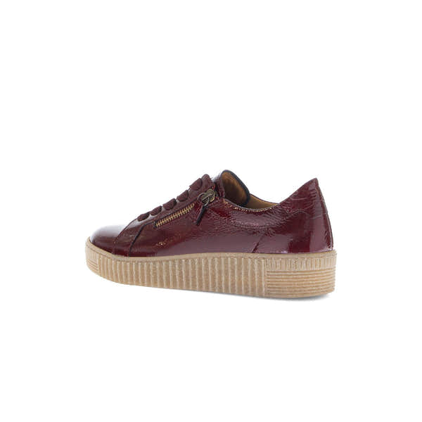 Gabor Ladies Bordo Red Leather Trainers with Zip, Lace-up, and Thick Rubber Sole.