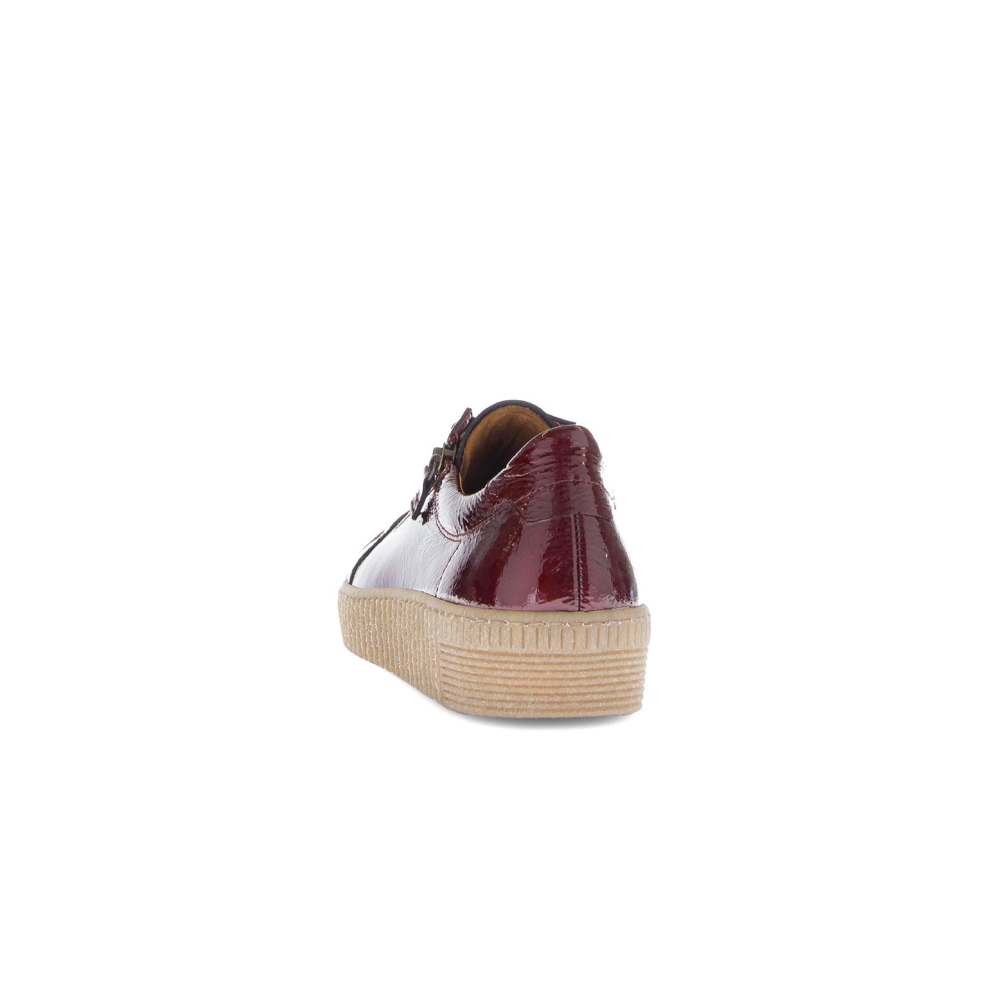 Gabor Ladies Bordeaux Red Leather Zip & Lace Trainers, block heel, casual sneaker with beige sole.