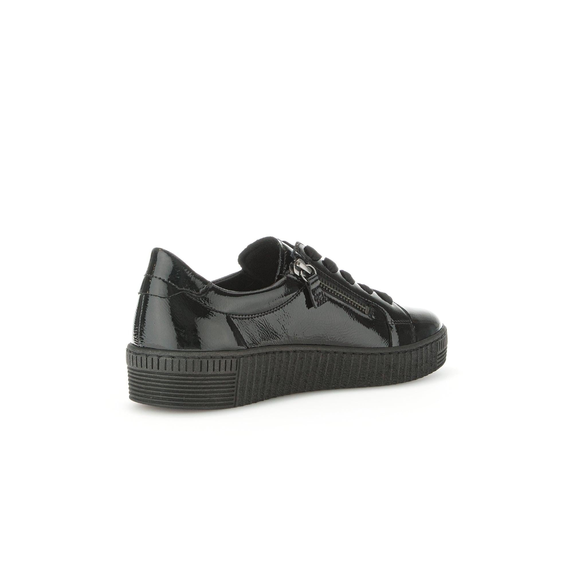 Gabor Women's Black Patent Leather Trainers with Zip and Lace Details, Flat Sole & Stylish Design