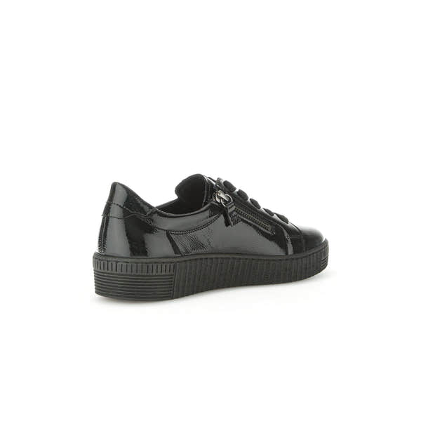 Gabor Women's Black Patent Leather Trainers with Zip and Lace Details, Flat Sole & Stylish Design