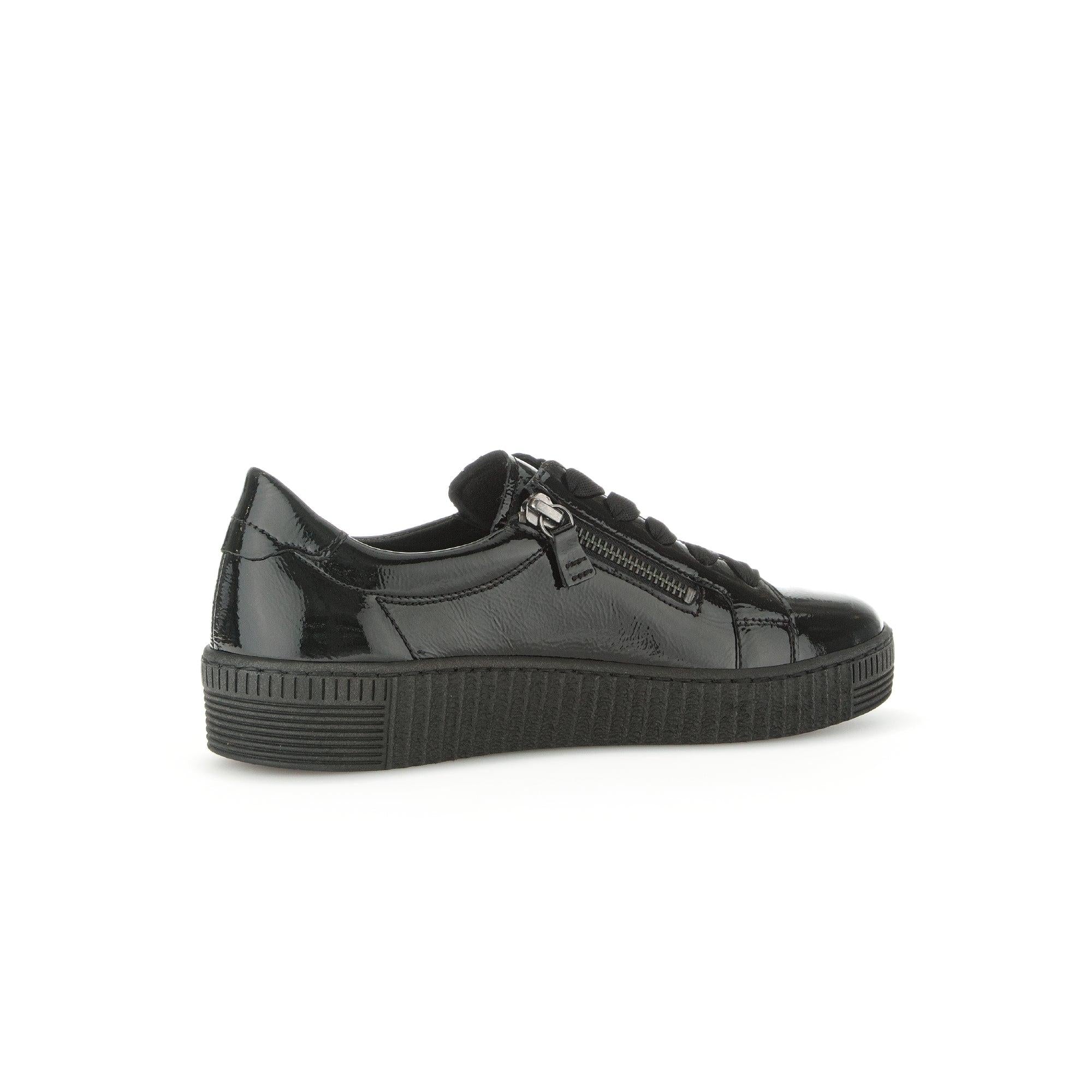 Gabor Wisdom Ladies Black Patent Leather Trainers with Zipper and Lace Detailing, Platform Sole