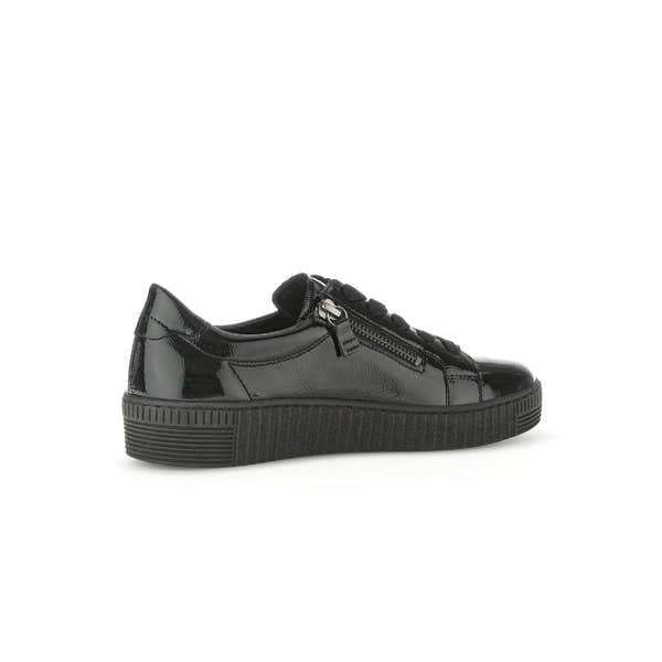 Gabor Wisdom Ladies Black Patent Leather Trainers with Zipper and Lace Detailing, Platform Sole