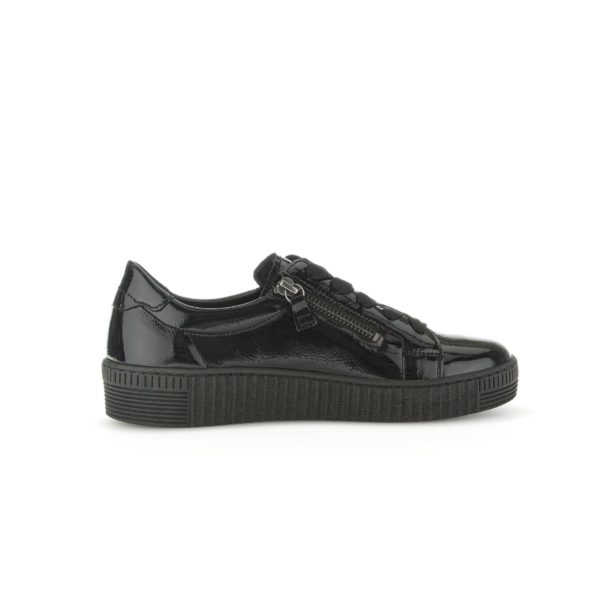 Gabor Ladies Black Patent Leather Trainers with Zip and Lace Details, Soft Finish, Thick Sole, Women's Casual Shoes.