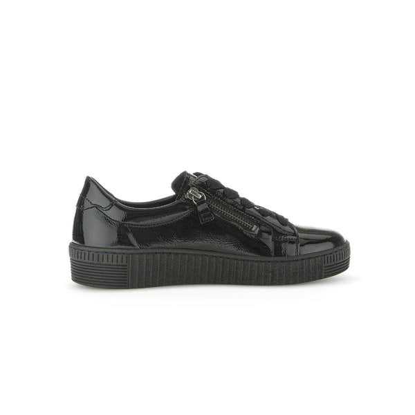 Gabor Ladies Black Patent Leather Trainers with Zip and Lace Details, Soft Finish, Thick Sole, Women's Casual Shoes.