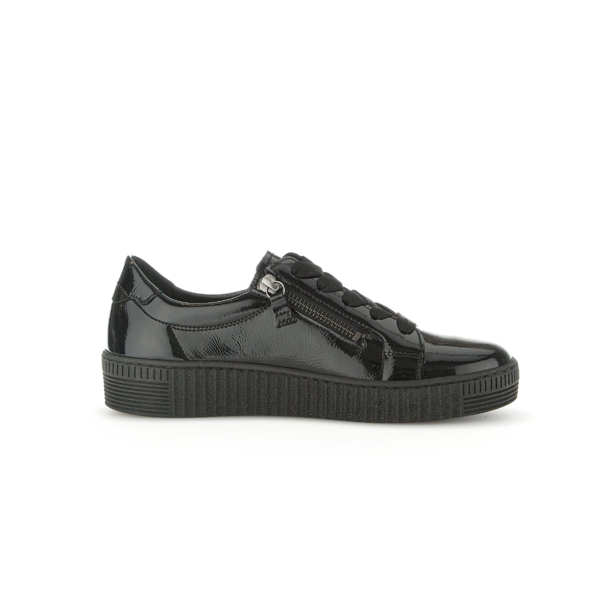Gabor Ladies Black Patent Leather Trainers with Zip and Lace Details, Soft Finish, Thick Sole, Women's Casual Sneakers