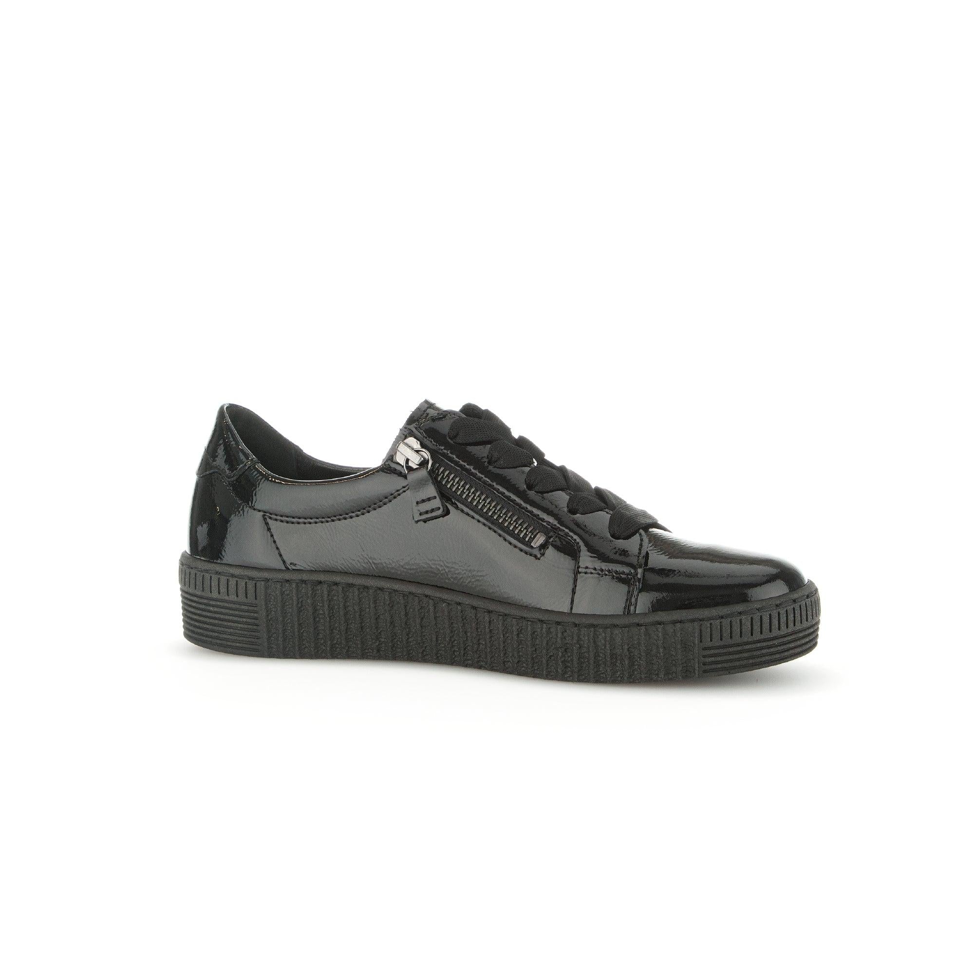 Gabor women's black patent leather trainers with zip and lace-up closure, chunky sole, stylish and comfortable footwear.