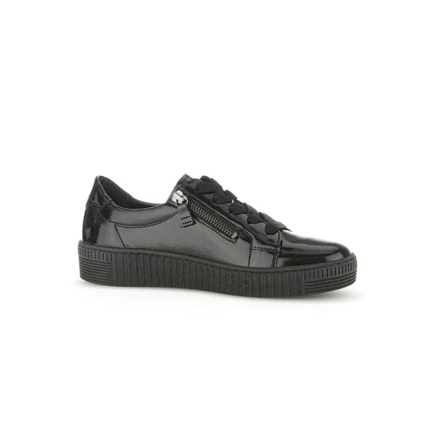 Gabor women's black patent leather trainers with zip and lace-up closure, chunky sole, stylish and comfortable footwear.