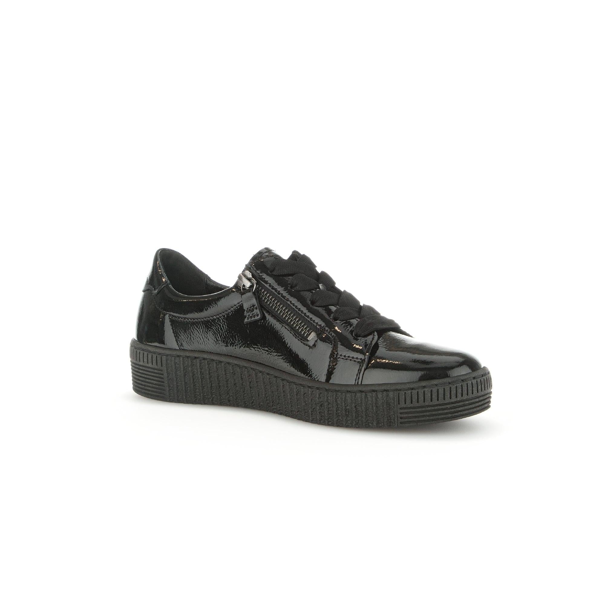Gabor Ladies black patent leather trainers with zip and lace closure, chunky rubber sole, stylish and comfortable footwear.