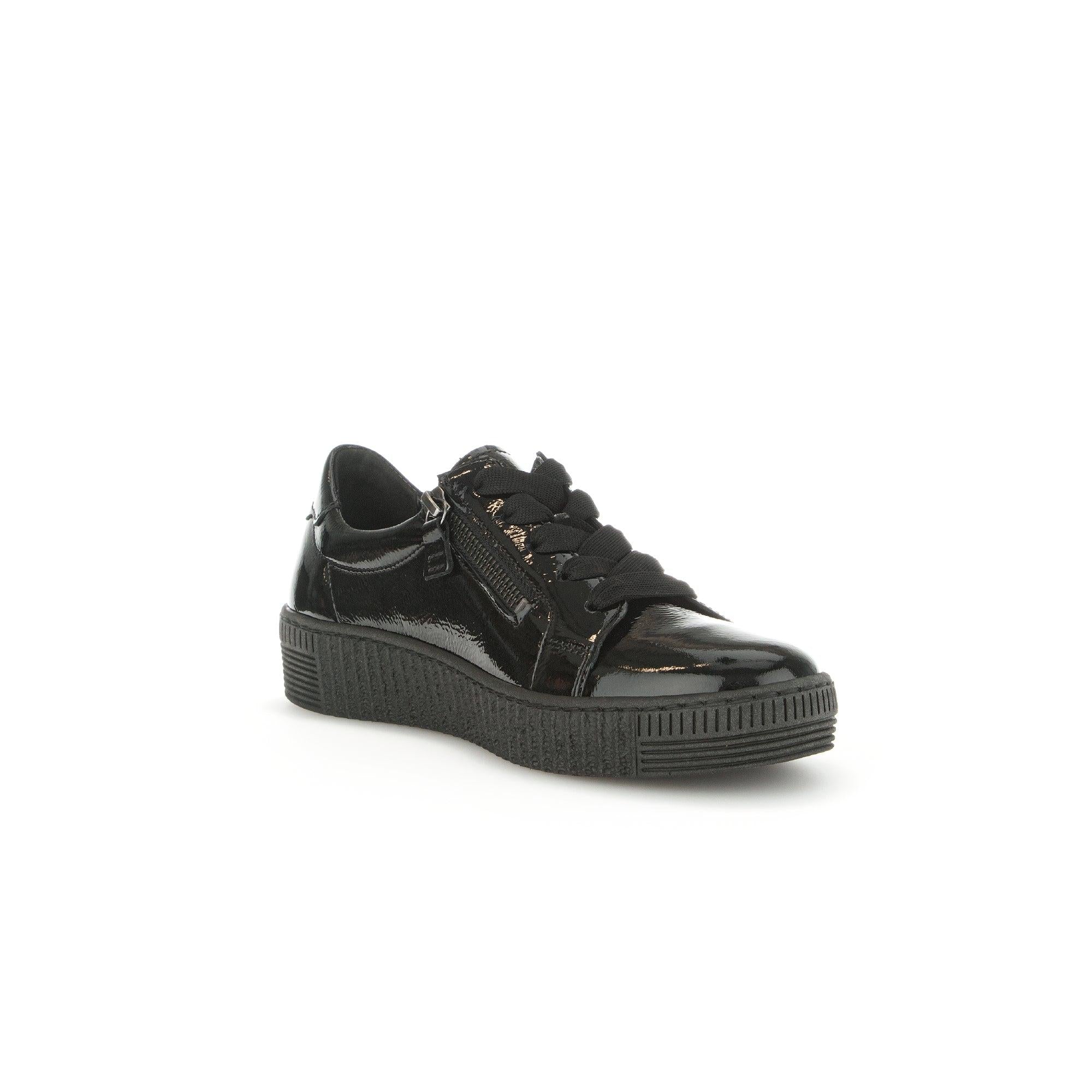 Gabor Ladies Black Patent Leather Lace & Zip Trainers with chunky sole and stylish design.