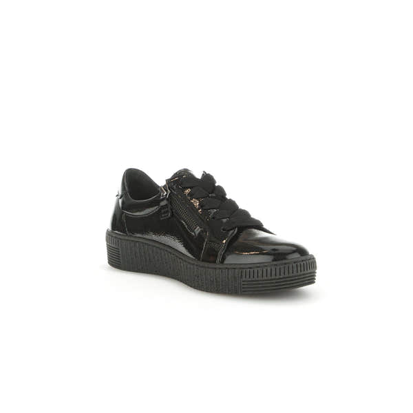Gabor Ladies Black Patent Leather Lace & Zip Trainers with chunky sole and stylish design.