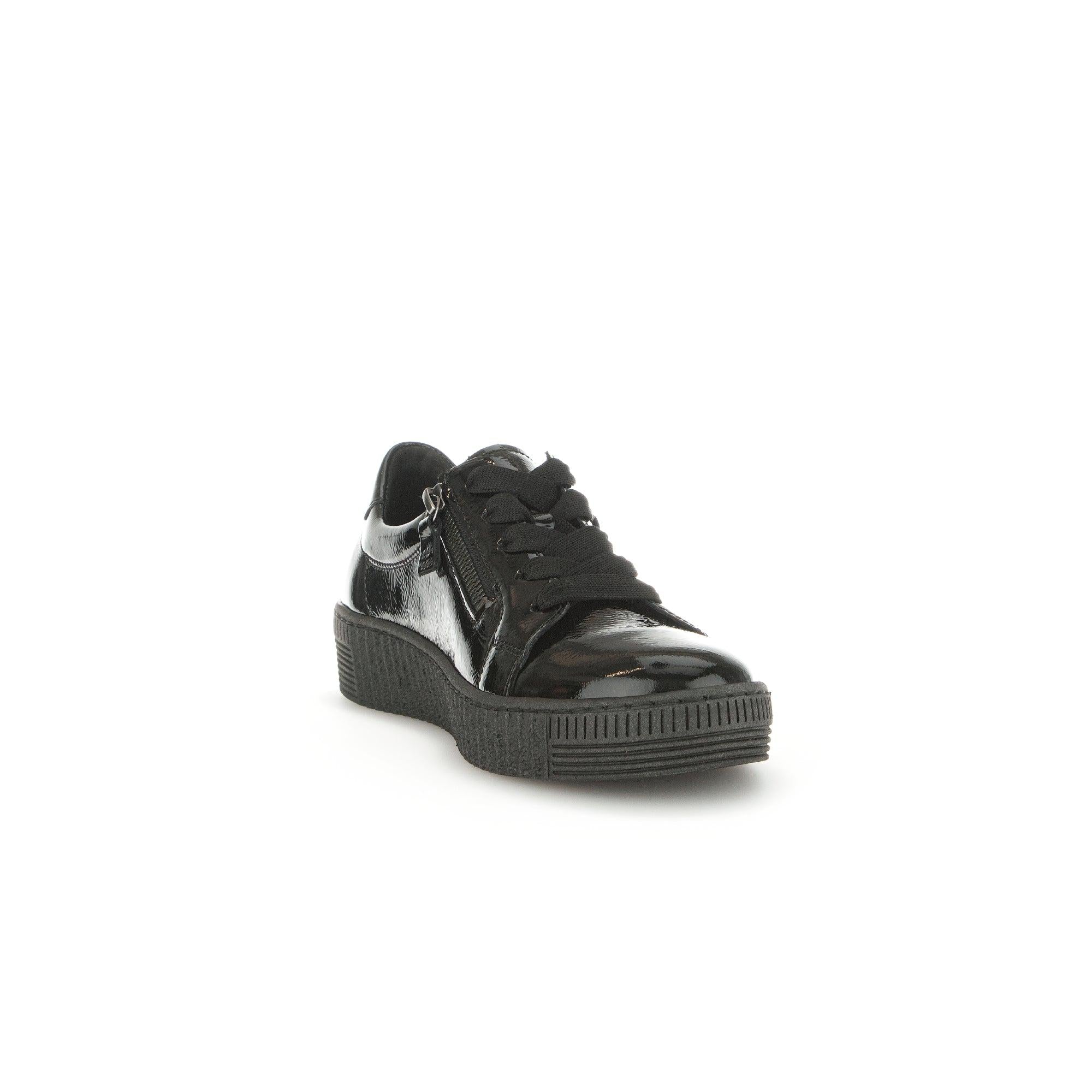 Gabor Ladies Black Patent Leather Zip & Lace Trainers with chunky sole, stylish and comfortable footwear.