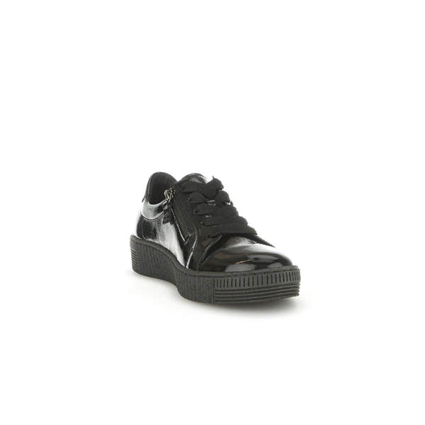 Gabor Ladies Black Patent Leather Zip & Lace Trainers with chunky sole, stylish and comfortable footwear.