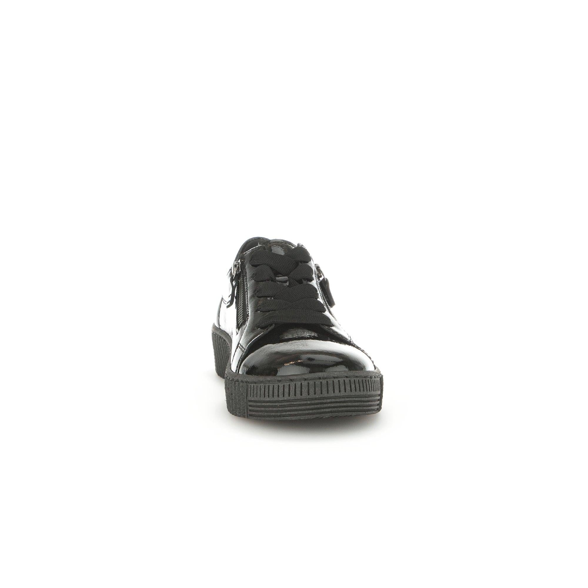 Gabor women's black patent leather trainers with zip and lace details, chunky sole, and sleek design.