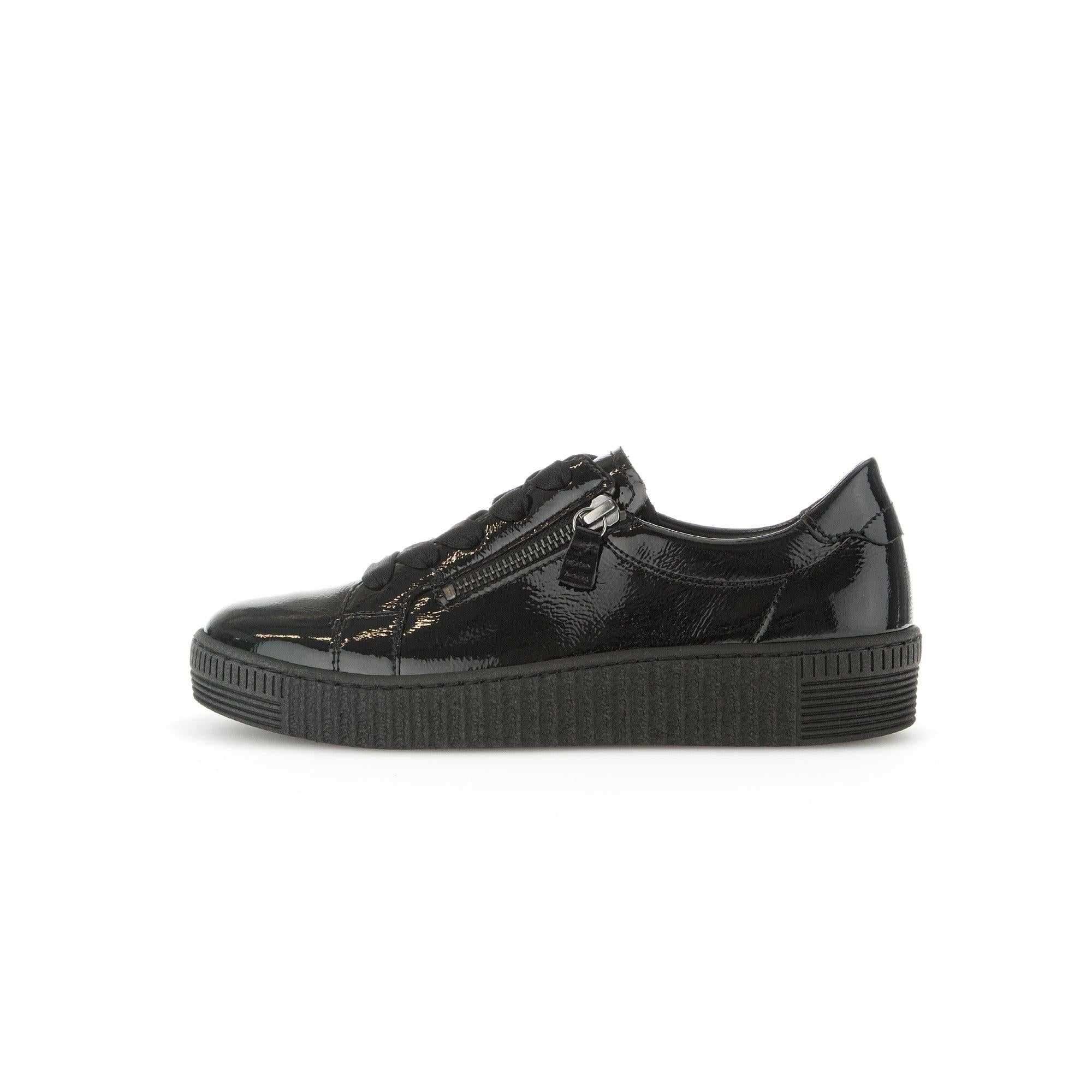 Gabor Women's Black Patent Leather Trainers with Zip and Lace Details, Cushioned Sole, Fashionable and Comfortable Sneakers