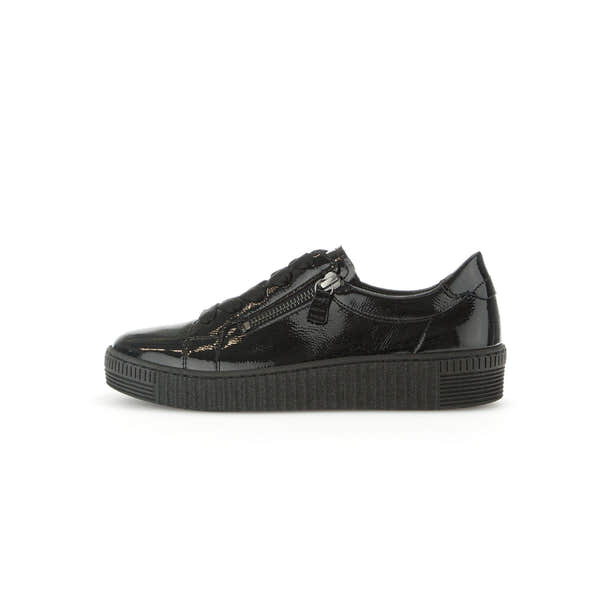 Gabor Women's Black Patent Leather Trainers with Zip and Lace Details, Cushioned Sole, Fashionable and Comfortable Sneakers