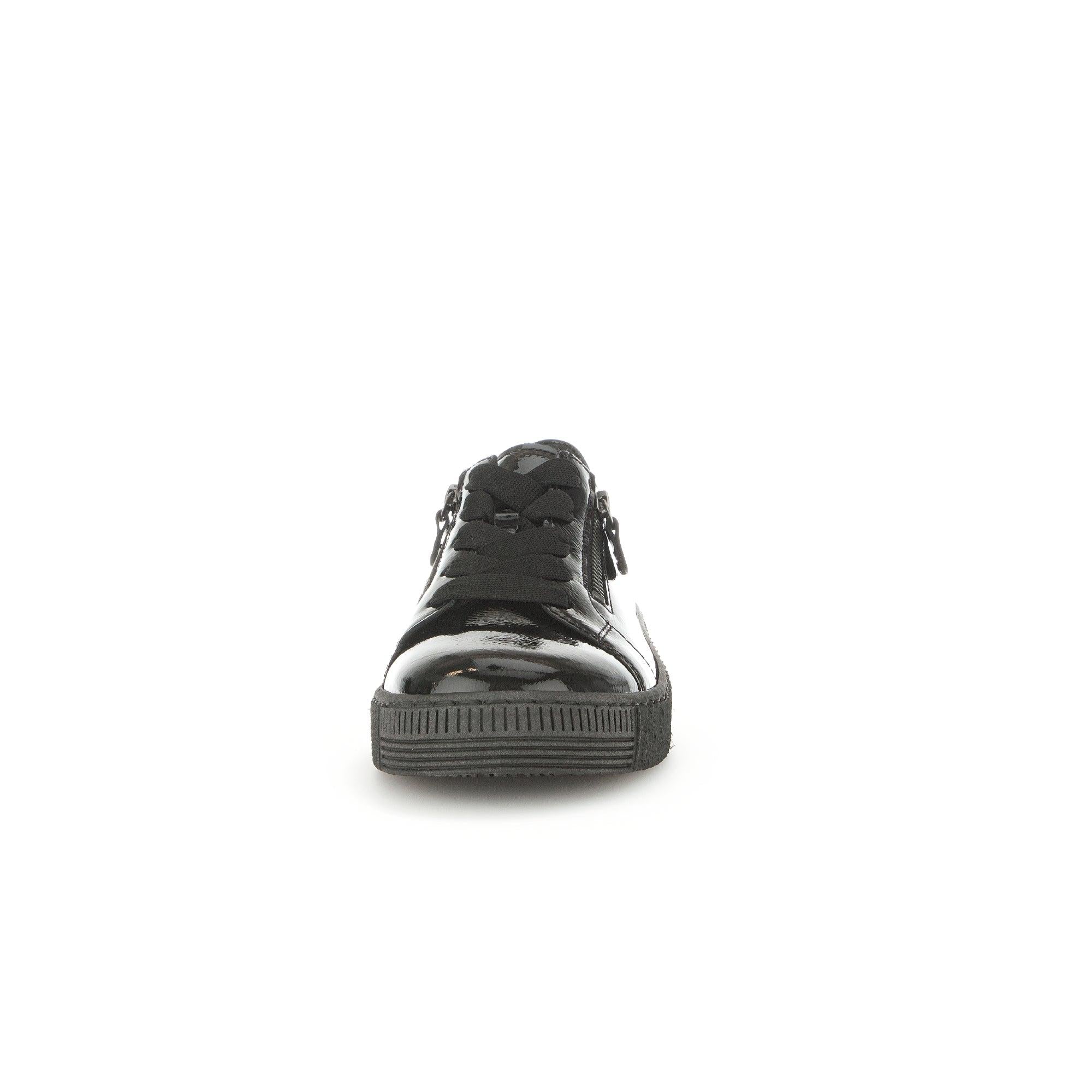 Gabor Ladies Black Patent Leather Trainers with Zip and Lace Closure, featuring a sleek, shiny finish and chunky sole.