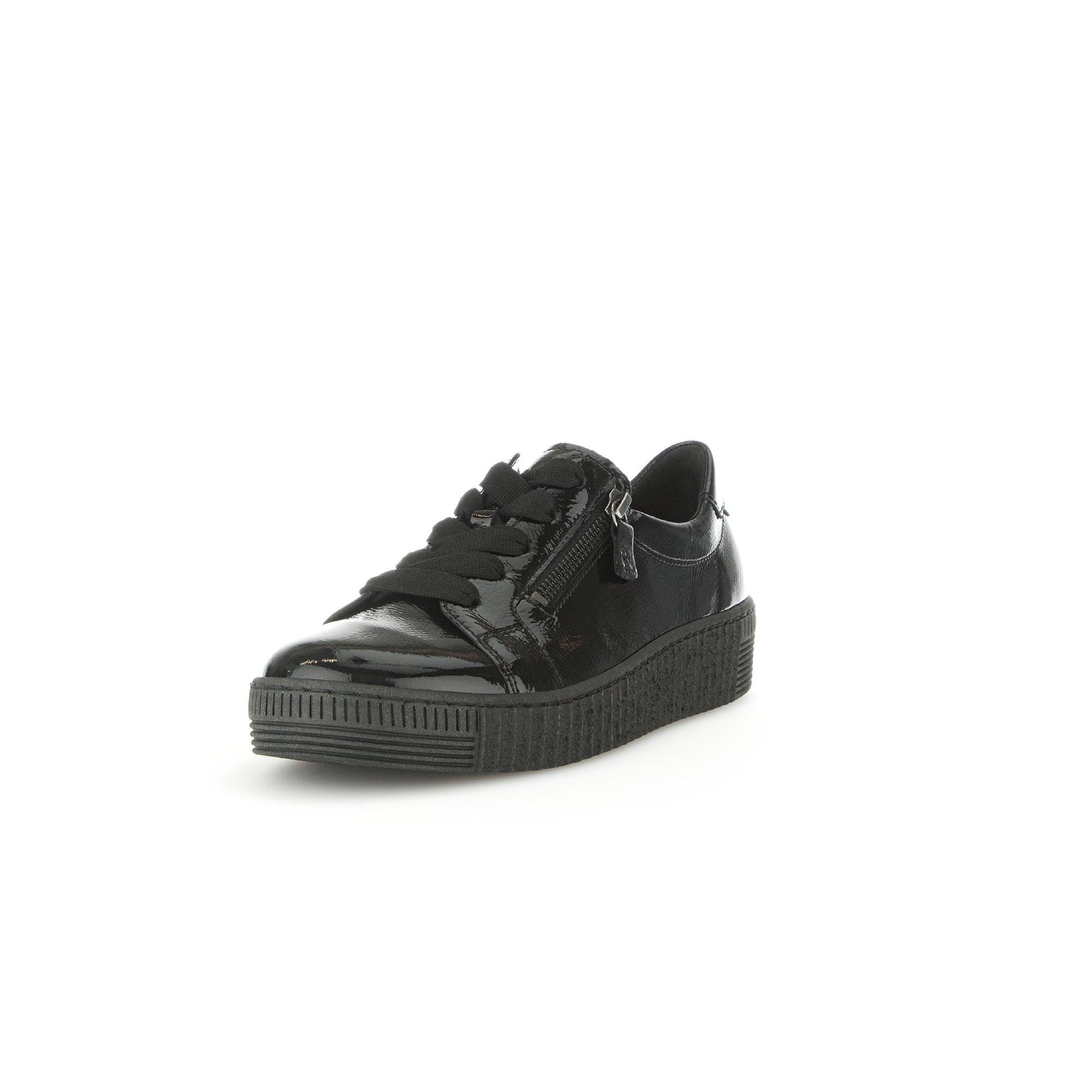 Gabor Ladies Black Patent Leather Trainers with Zip and Lace Details, Flat Sole, Stylish and Comfortable.