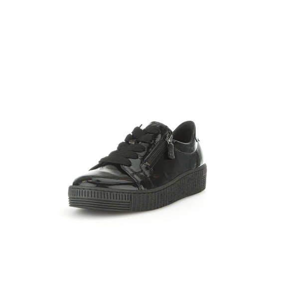 Gabor Ladies Black Patent Leather Trainers with Zip and Lace Details, Flat Sole, Stylish and Comfortable.