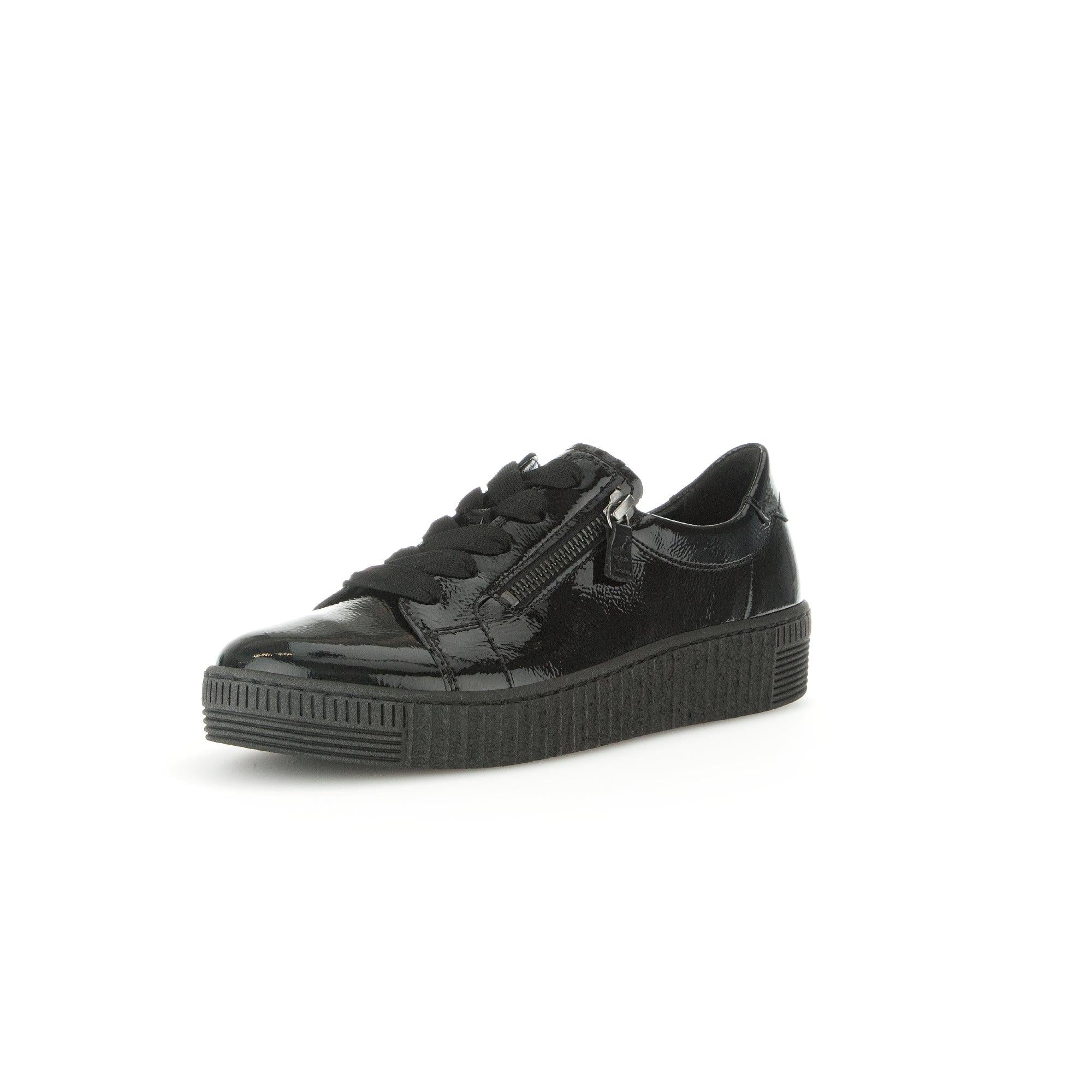 Gabor Women's Black Patent Leather Trainers with Zip & Lace, Platform Sole, and Soft Finish.
