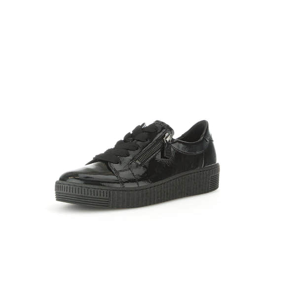 Gabor Women's Black Patent Leather Trainers with Zip & Lace, Platform Sole, and Soft Finish.