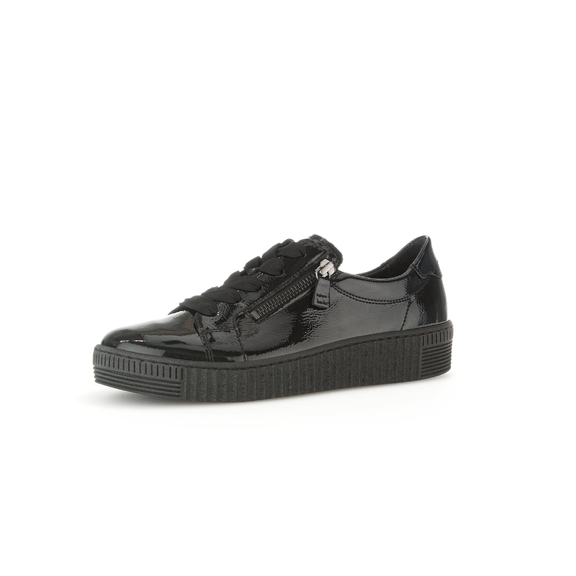 Gabor Women's Black Patent Leather Trainers with Zip and Lace Details, Flat Sole, Soft Finish, Stylish Casual Shoes