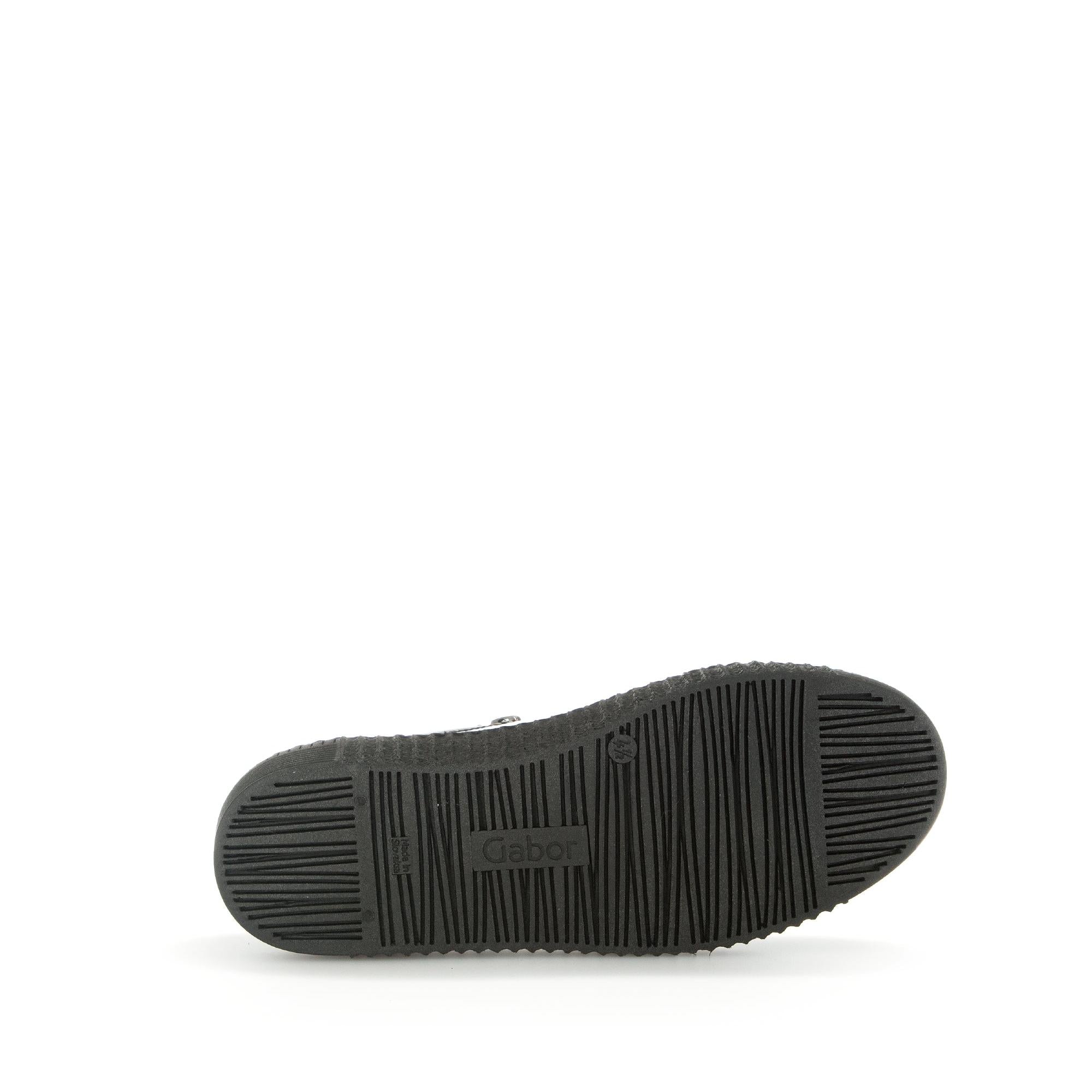 Gabor Ladies black patent leather trainers with zip and lace details, flat sole, and textured tread for comfort.