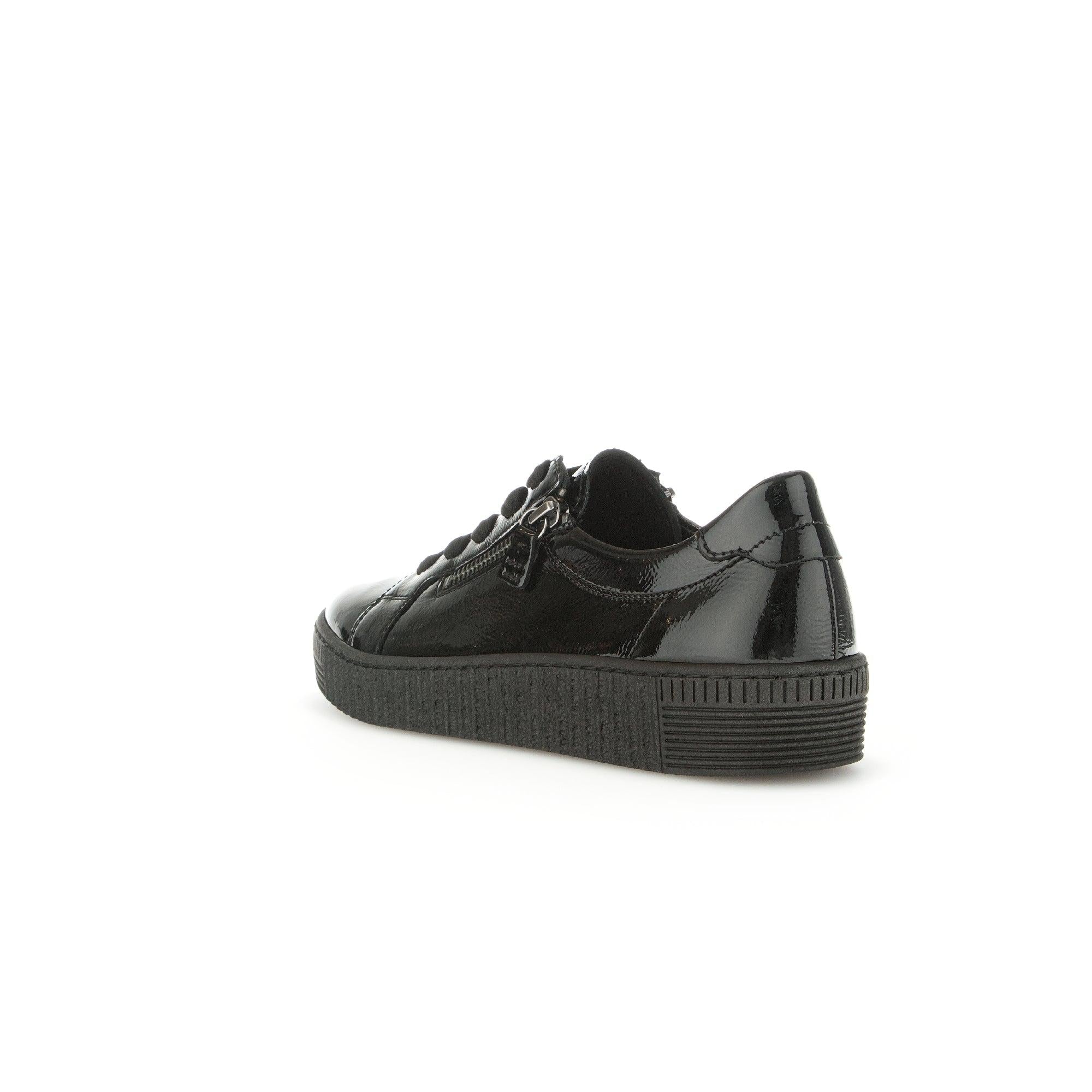 Gabor Ladies Black Patent Leather Zipper & Lace Trainers, soft glossy finish, chunky sole, casual sneaker style.