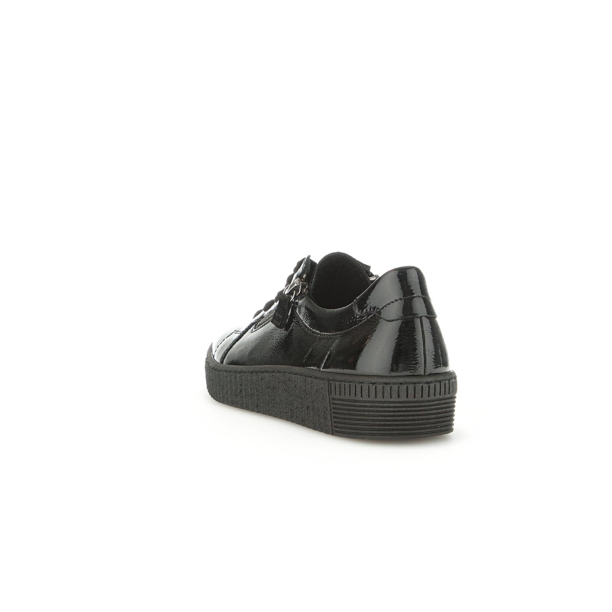 Gabor women's black patent leather lace-up trainers with a chunky sole and zip detail.