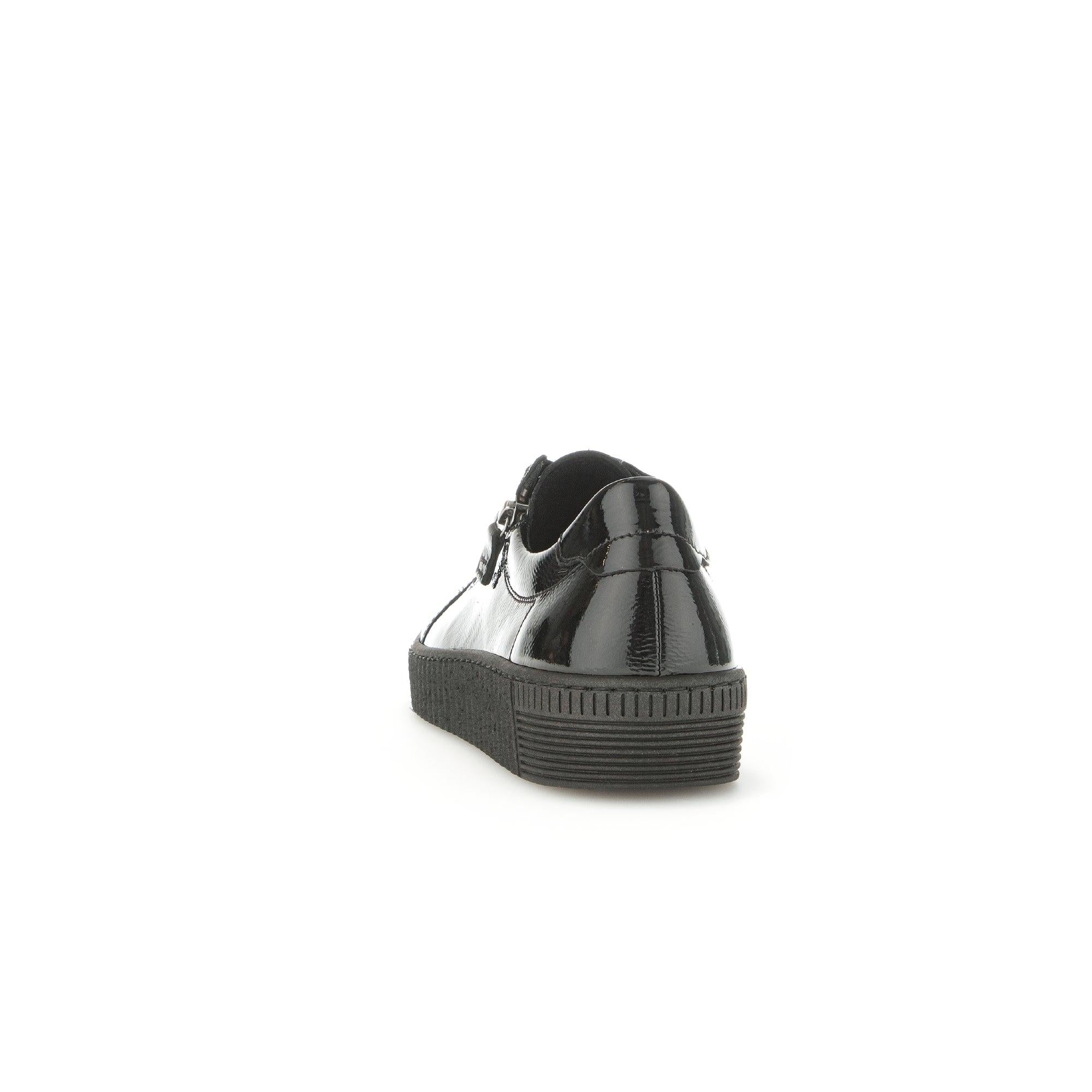 Gabor Wisdom Ladies Black Patent Leather Zip & Lace Trainers, stylish casual footwear with chunky sole and glossy finish.