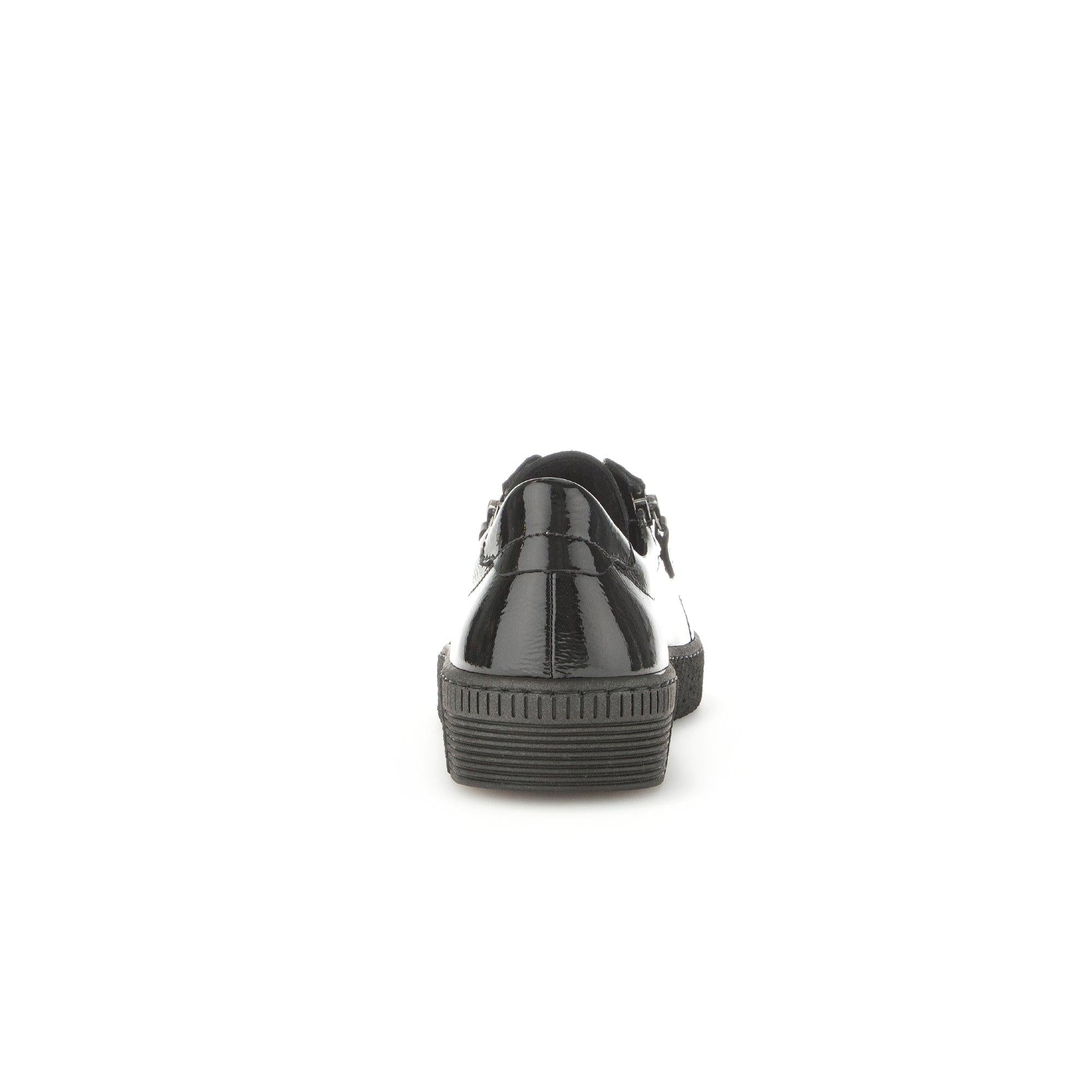 Gabor Ladies Black Patent Leather Trainers with Zip and Lace Details, soft textured finish, and chunky rubber sole.