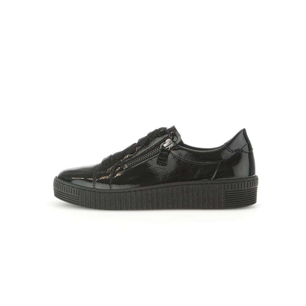 Gabor Women's Black Patent Leather Trainers with Zip and Lace Details, Platform Sole, Stylish Casual Sneakers