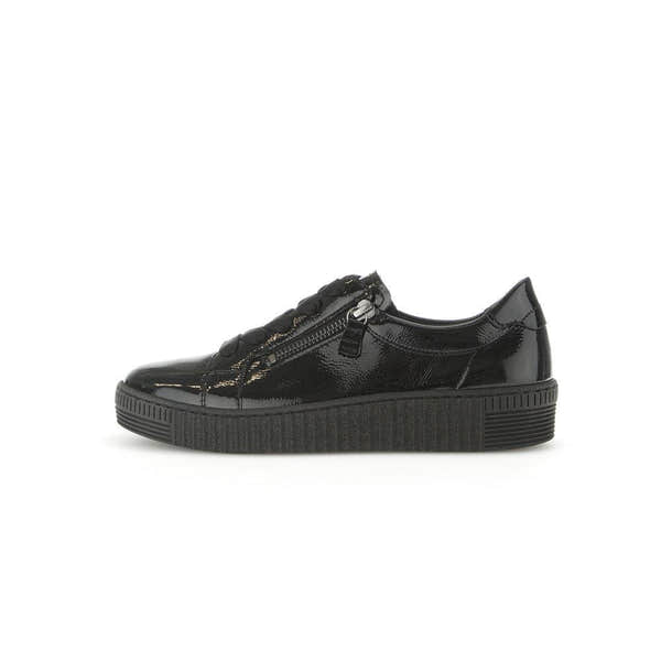 Gabor Women's Black Patent Leather Trainers with Zip and Lace Details, Platform Sole, Stylish Casual Sneakers