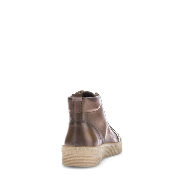 Gabor Lake Ladies Ankle Boots in brown smooth leather with zip and lace closure, featuring a chunky beige sole.