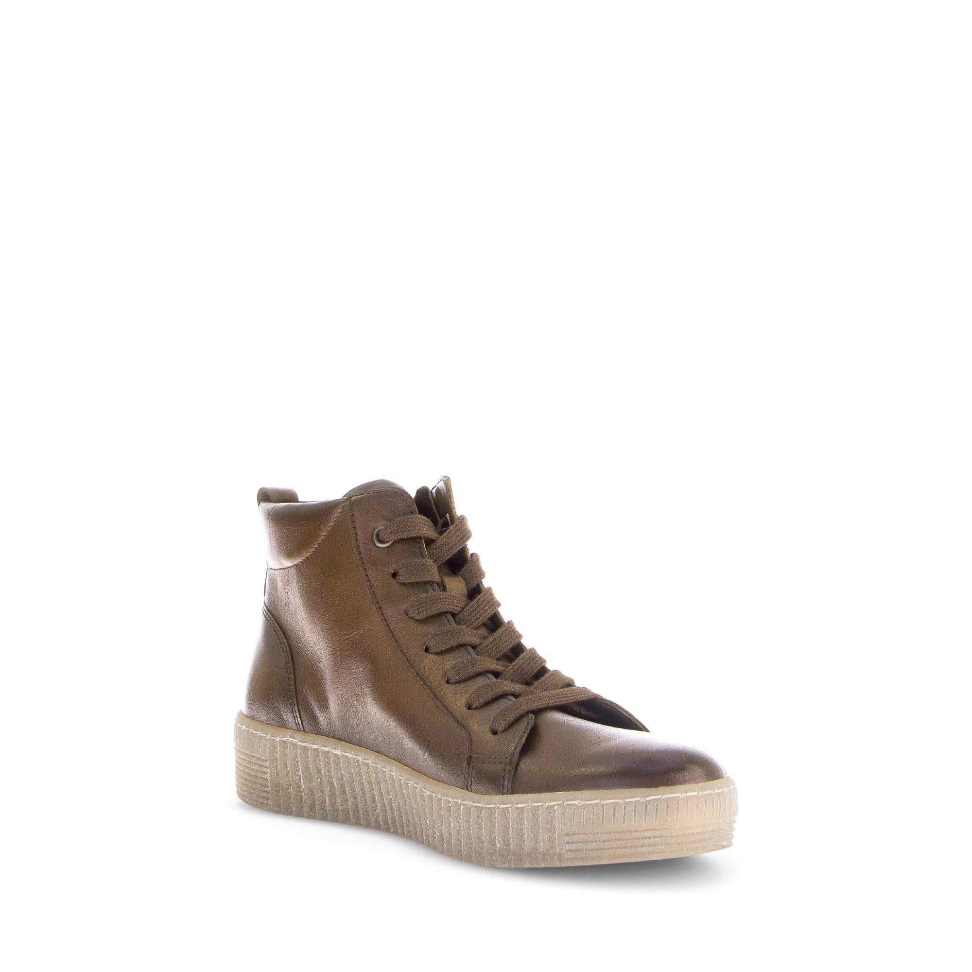 Gabor Lake Ladies Sattel Brown Leather Ankle Boots with Zip and Lace, smooth leather, high-top design, and thick rubber sole.