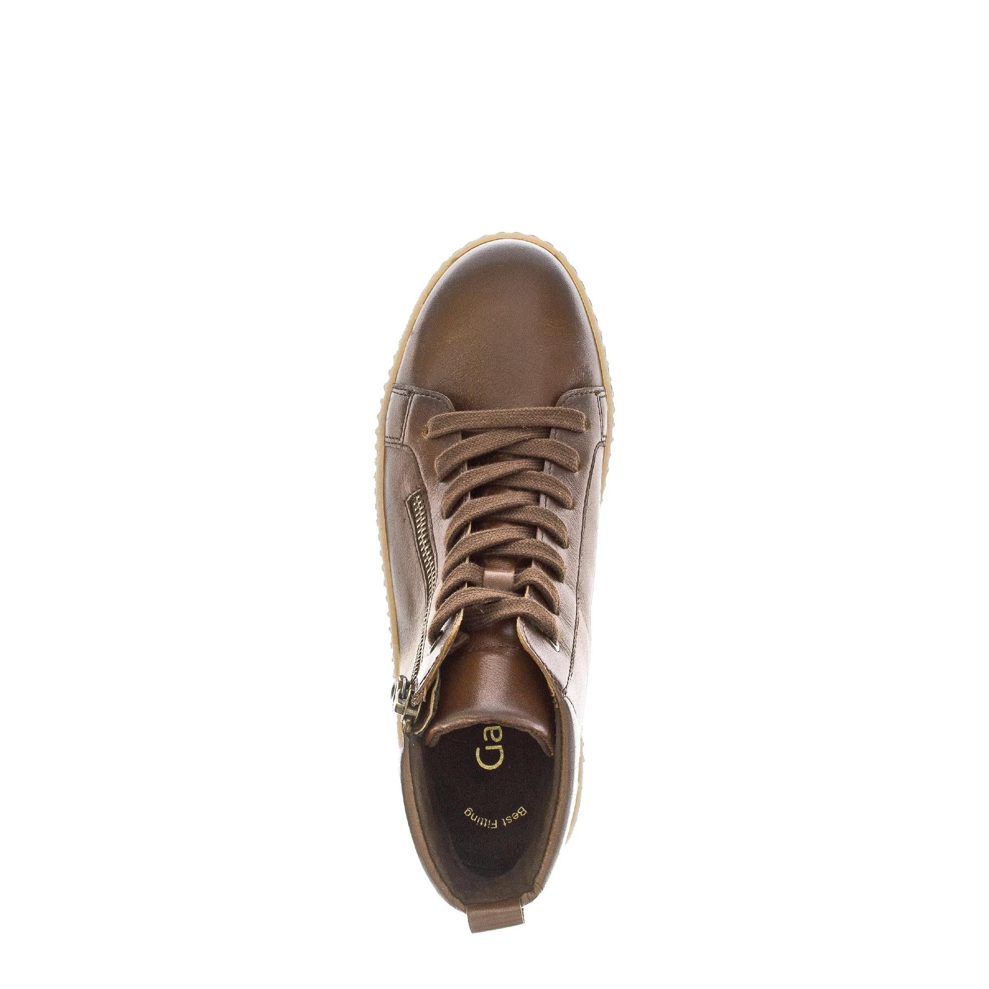 Gabor Lake Ladies Brown Leather Ankle Boots with Zip and Lace Closure, Smooth Finish, and Cushioned Interior.