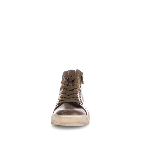 Gabor Lake Ladies Brown Leather Ankle Boots with Zip, Lace-Up Front, and Cream Sole.
