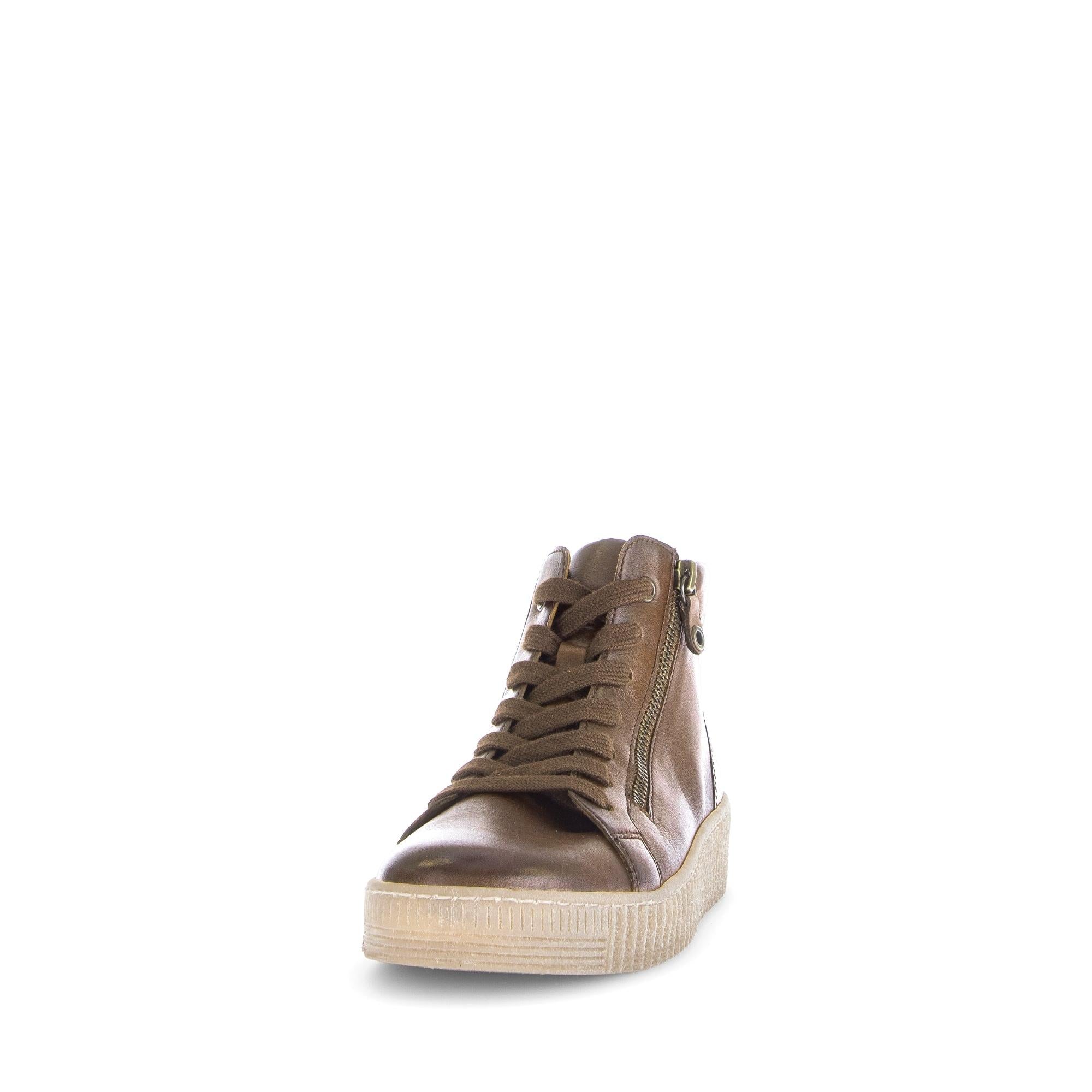 Gabor Lake Ladies Ankle Boots in Brown leather with zip and lace closure, smooth finish, and chunky rubber sole.