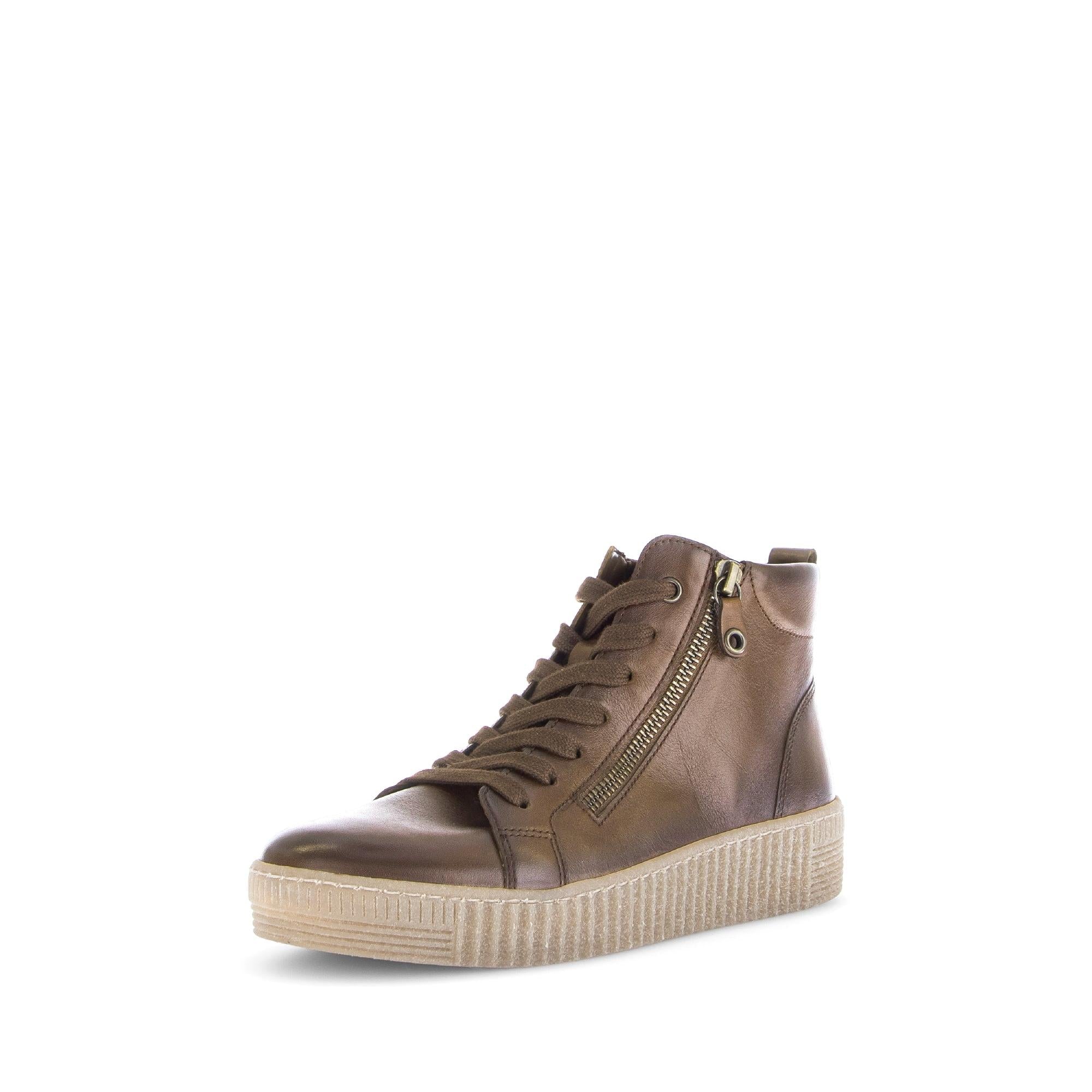 Gabor Lake Ladies Sattel Brown Leather High-Top Ankle Boots with Zipper and Lace Closure, Cushioned Sole.