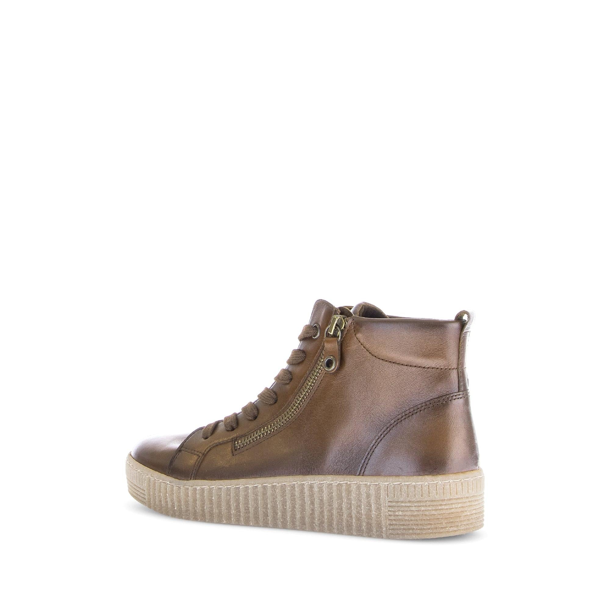 Gabor Lake Ladies Brown Leather Ankle Boots with Zip and Lace, smooth finish, high-top style, rubber sole.