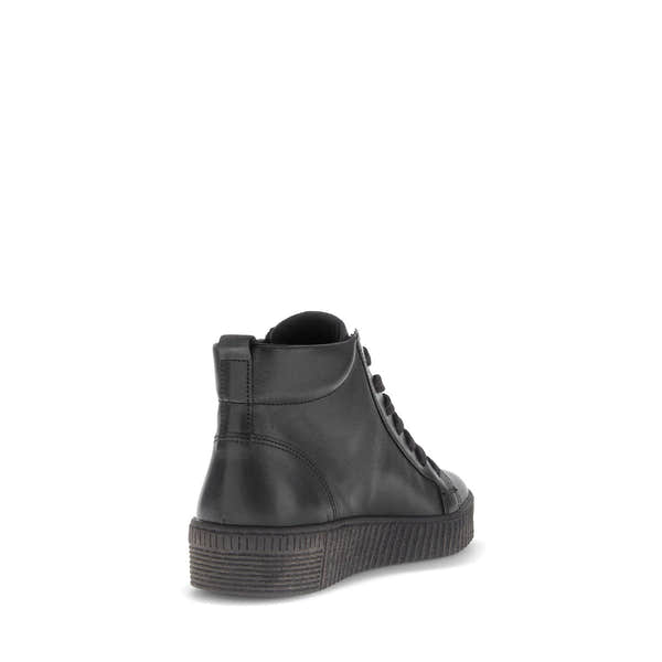 Gabor Lake Ladies Black and Grey Waxed Leather Ankle Boots with Zip and Lace Closure, Platform Sole, stylish and durable.