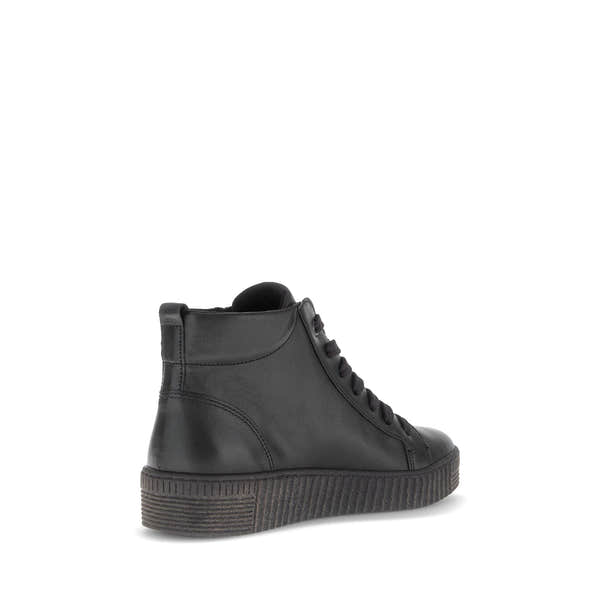 Gabor Lake Ladies Black & Grey Waxed Leather Mid-Top Ankle Boots with Zip and Lace-Up Closure, rugged sole.