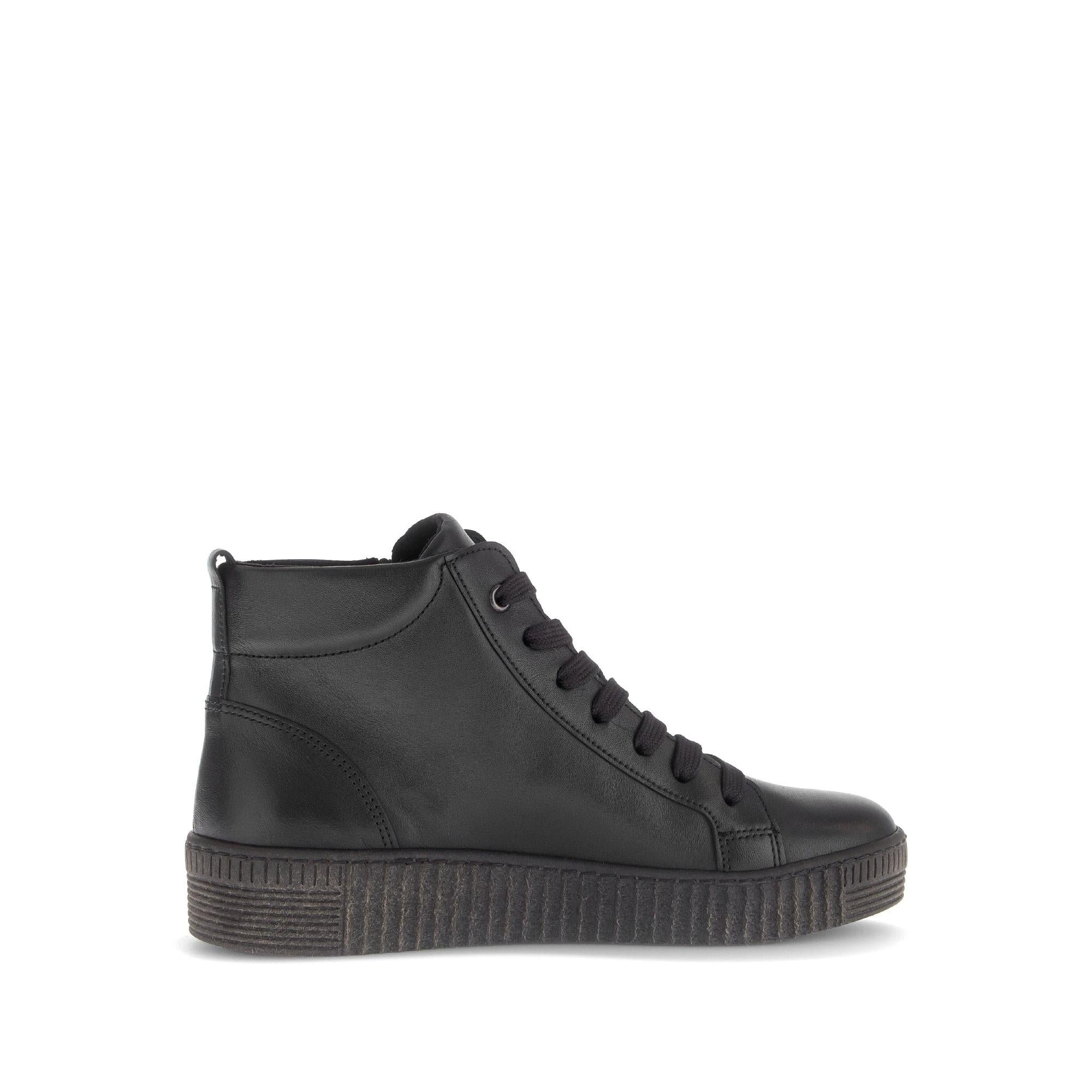 Gabor Lake Ladies Black & Grey Waxed Leather Ankle Boots with Zipper and Lace-up Details.